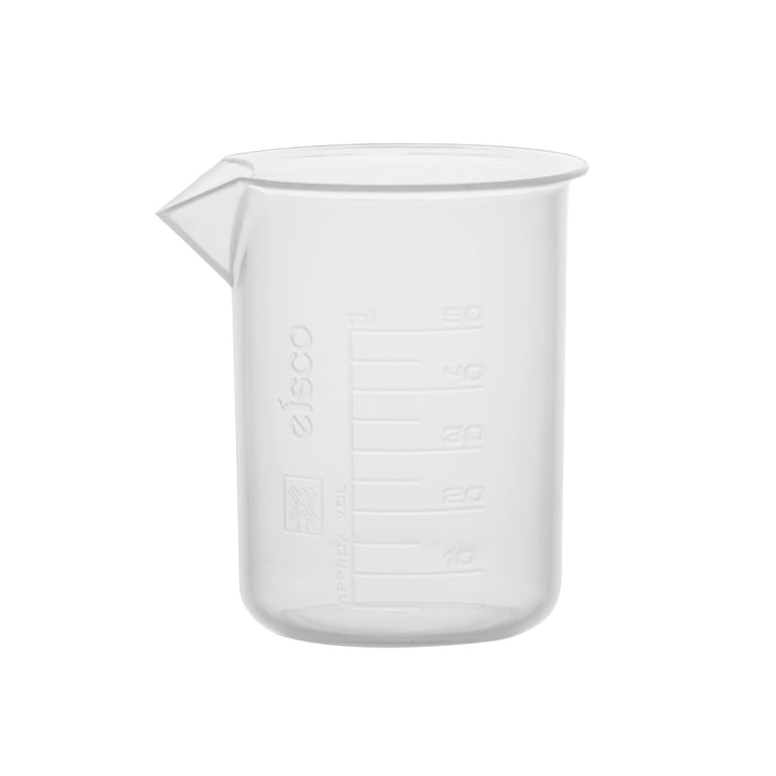 CH0137AF 12PK Plastic Beakers, 50ml - Polypropylene - Raised Graduations