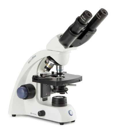 EMB-1052 MicroBlue Binocular Microscope with Achromatic 4/10/S40x DIN 35 mm Objectives, Mechanical Stage and LED Illumination