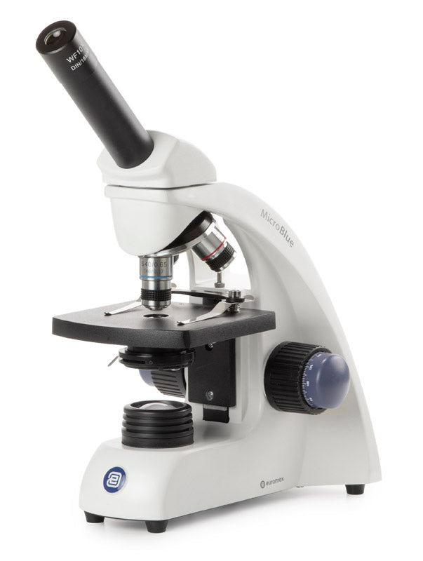 EMB-1001 MicroBlue Monocular Microscope with Achromatic 4/10/S40x DIN 35 mm Objectives and LED Illumination